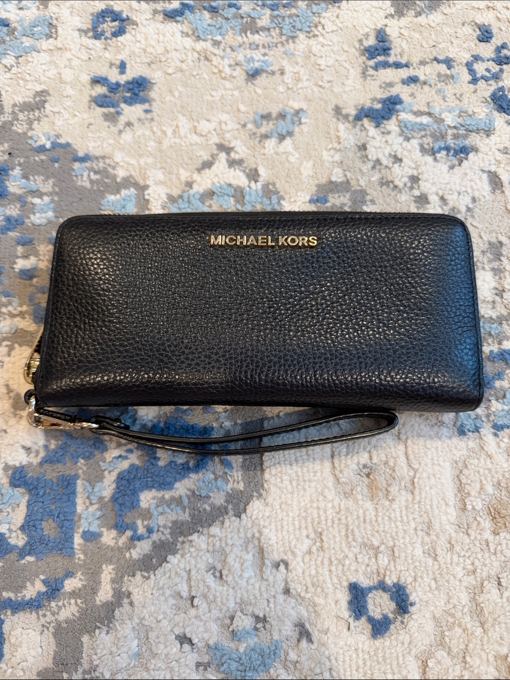 Michael Kors Black Pebbled Leather Wristlet with Gold Logo